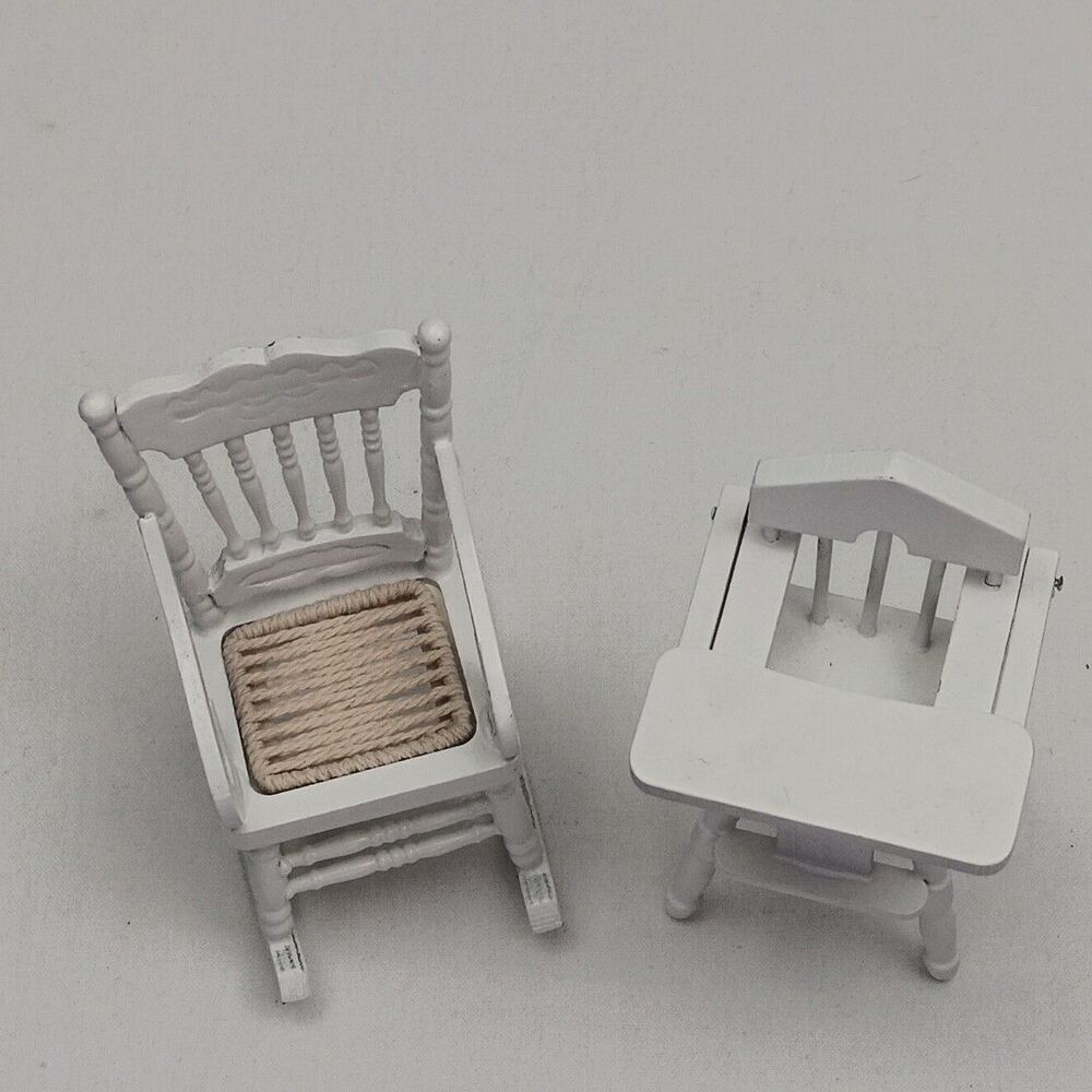 1:12 Dollhouse Mini Furniture High Chair & Classic Rocking Chair White Wood - Picture 3 of 9